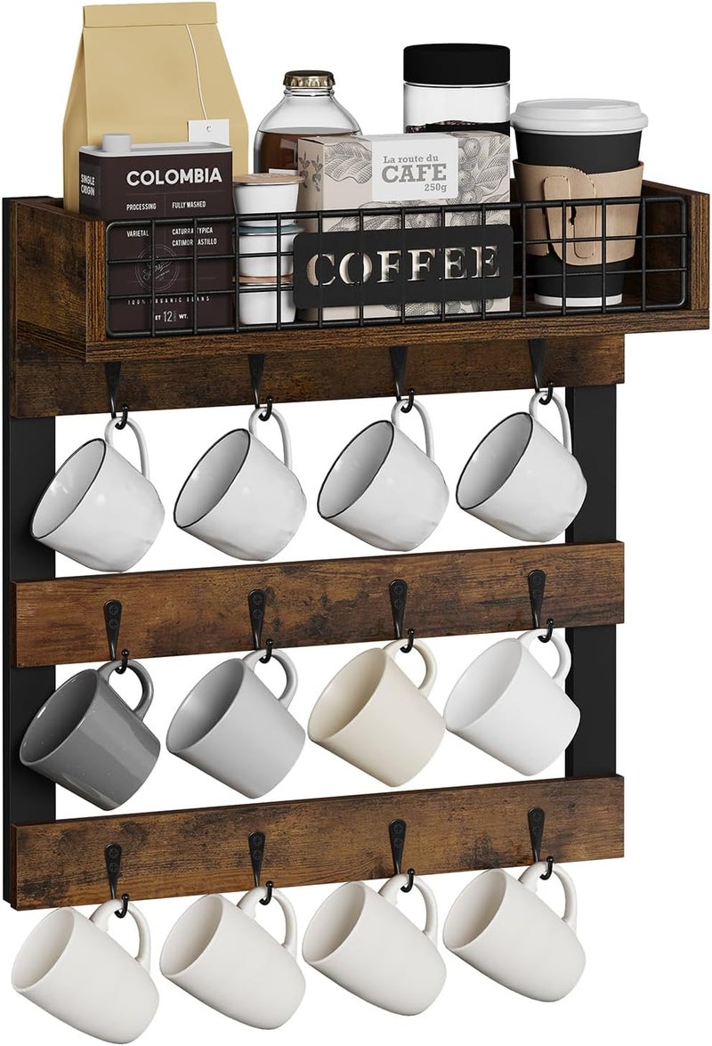 YINMIT Coffee Mug Holder Wall Mounted, Wood Mug Racks with 12 Hooks, Coffee Cup Holder for Wall with Storage Shelf, Cups Rack for Home, Kitchen - Image 1